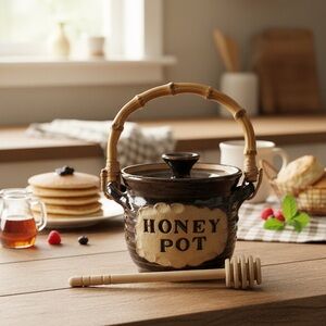 Studio Art Pottery Honey Pot With Lid And Dipper, Bamboo Handle, Signed